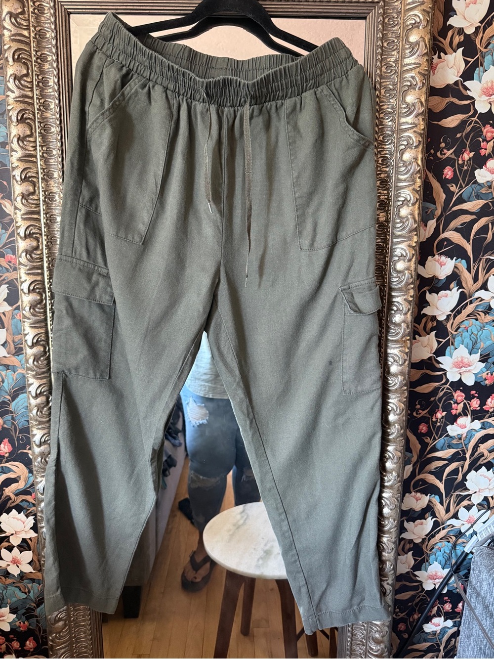 Olive Green Linen Cargo Jogger Pants - Brand: SONO